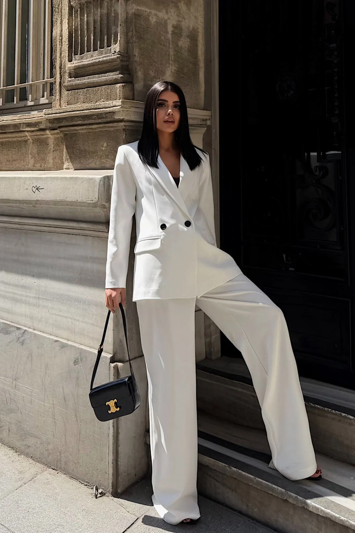 Oversize Ceketli Takım Beyaz