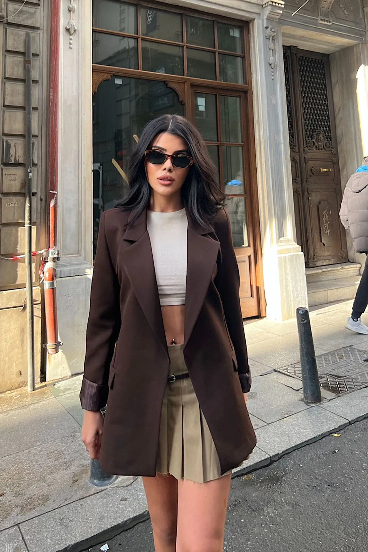 Çizgi Astarlı Ceket Kahve