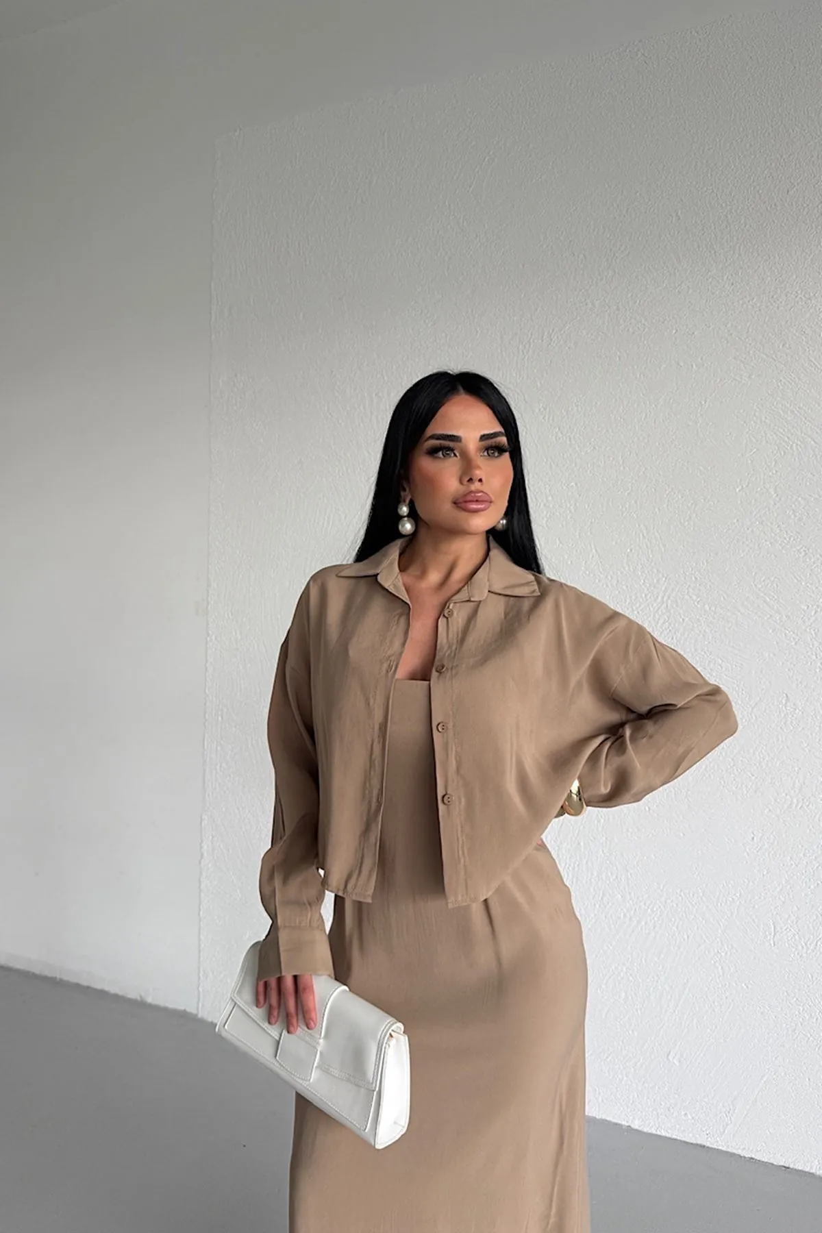 İkili Takım Gömlek Elbise Bej