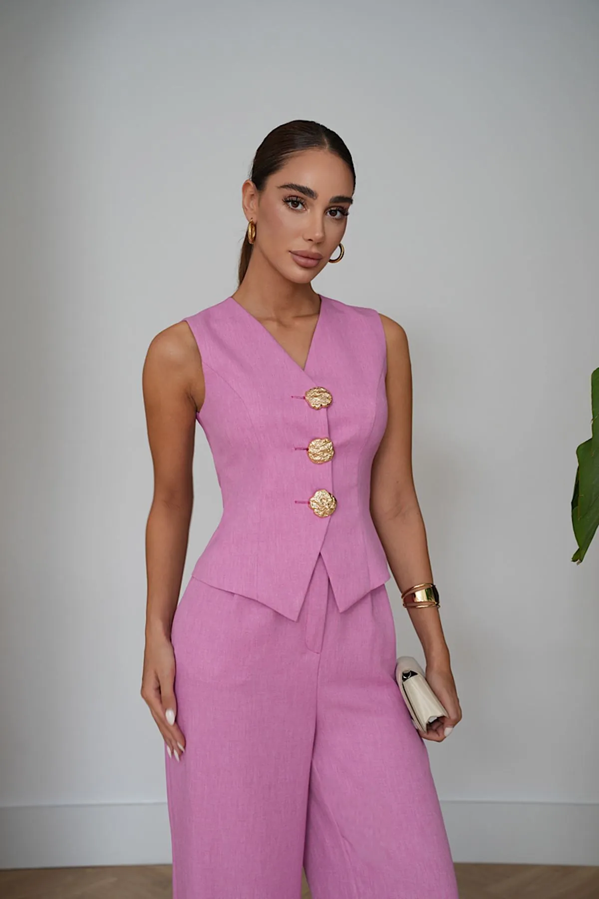 Sofya Keten Gold Düğme Detaylı Yelek Pantolon Takım -Bol Paça Şık Kadın Takımı Pembe