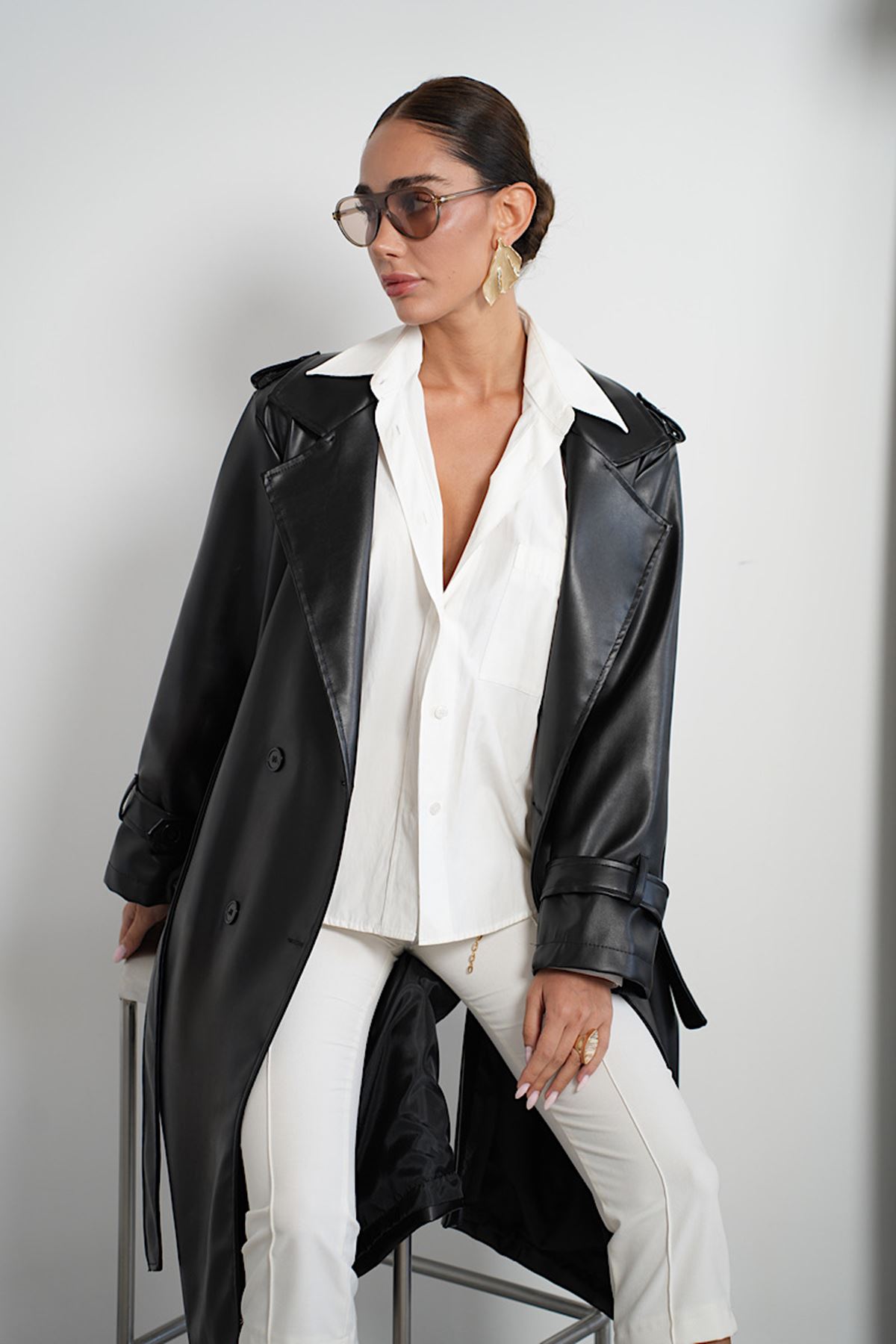 Oversize Deri Trençkot Siyah