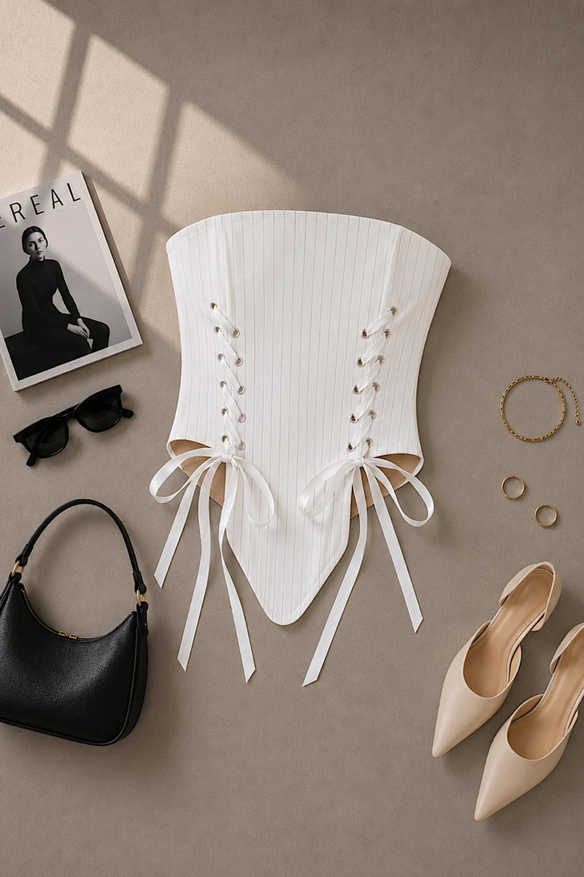 Bağlama Detaylı Straplez Crop Top - Korsaj Görünümlü Fiyonk Detaylı Şık Kadın Bluzu Beyaz