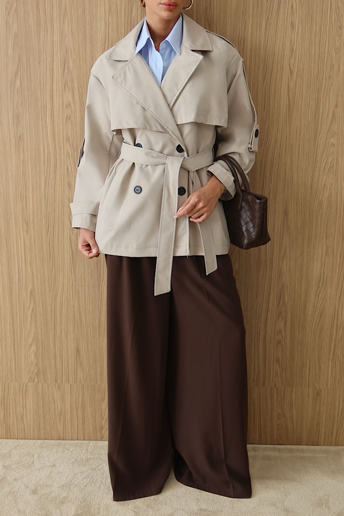 Kemerli Oversize Kısa Trençkot Bej
