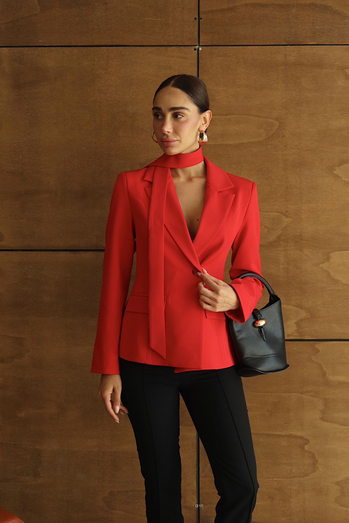 Premium Şal Detaylı Tek Düğmeli Blazer Ceket Kırmızı