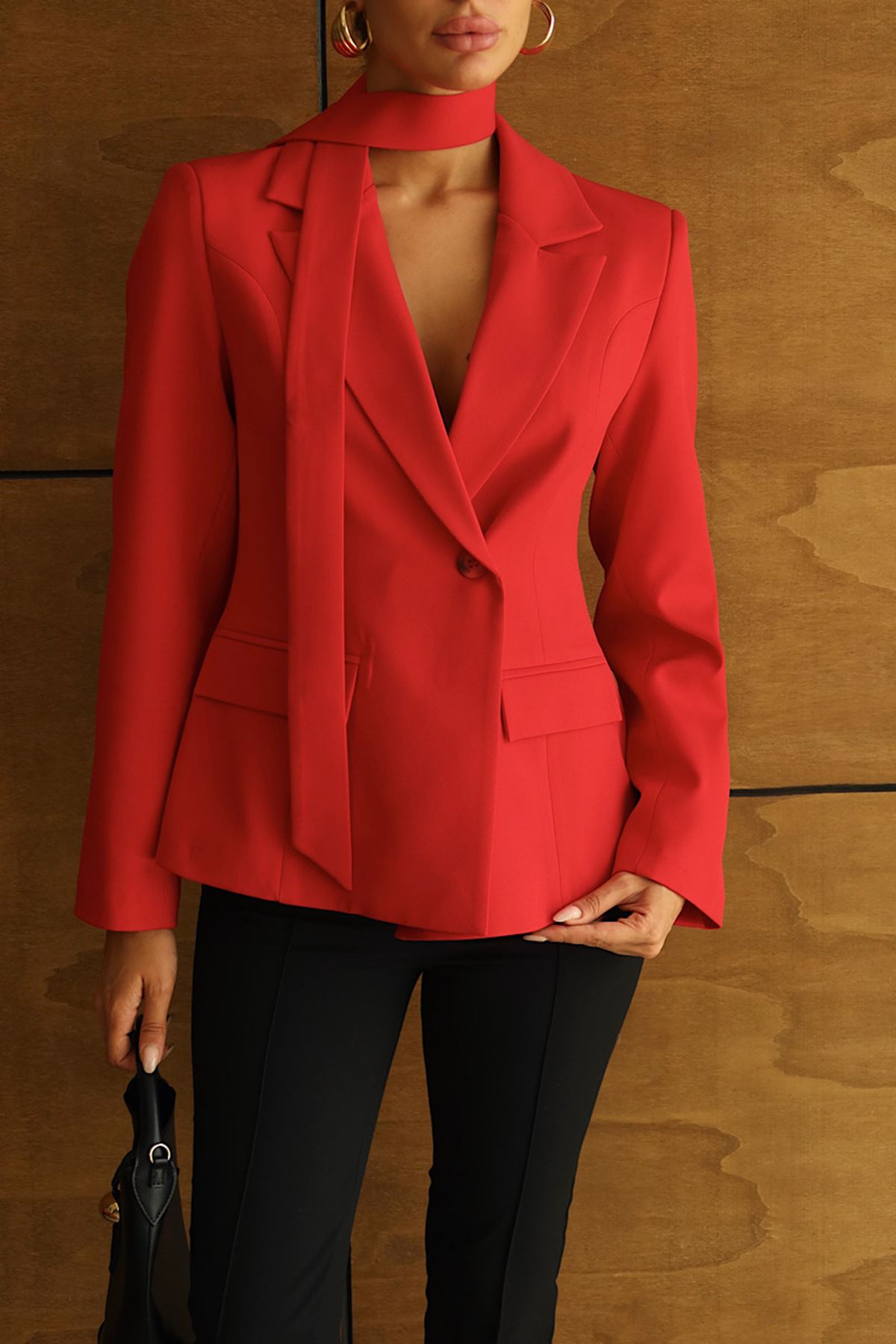 Premium Şal Detaylı Tek Düğmeli Blazer Ceket Kırmızı