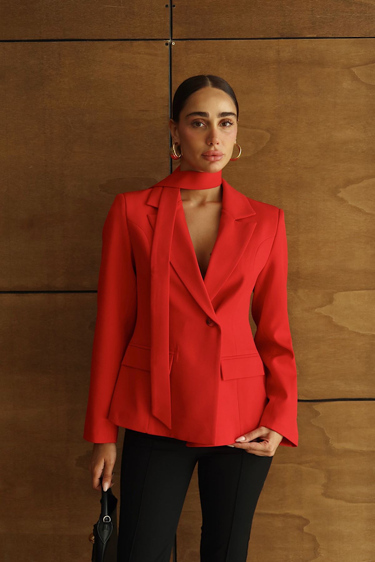Premium Şal Detaylı Tek Düğmeli Blazer Ceket Kırmızı