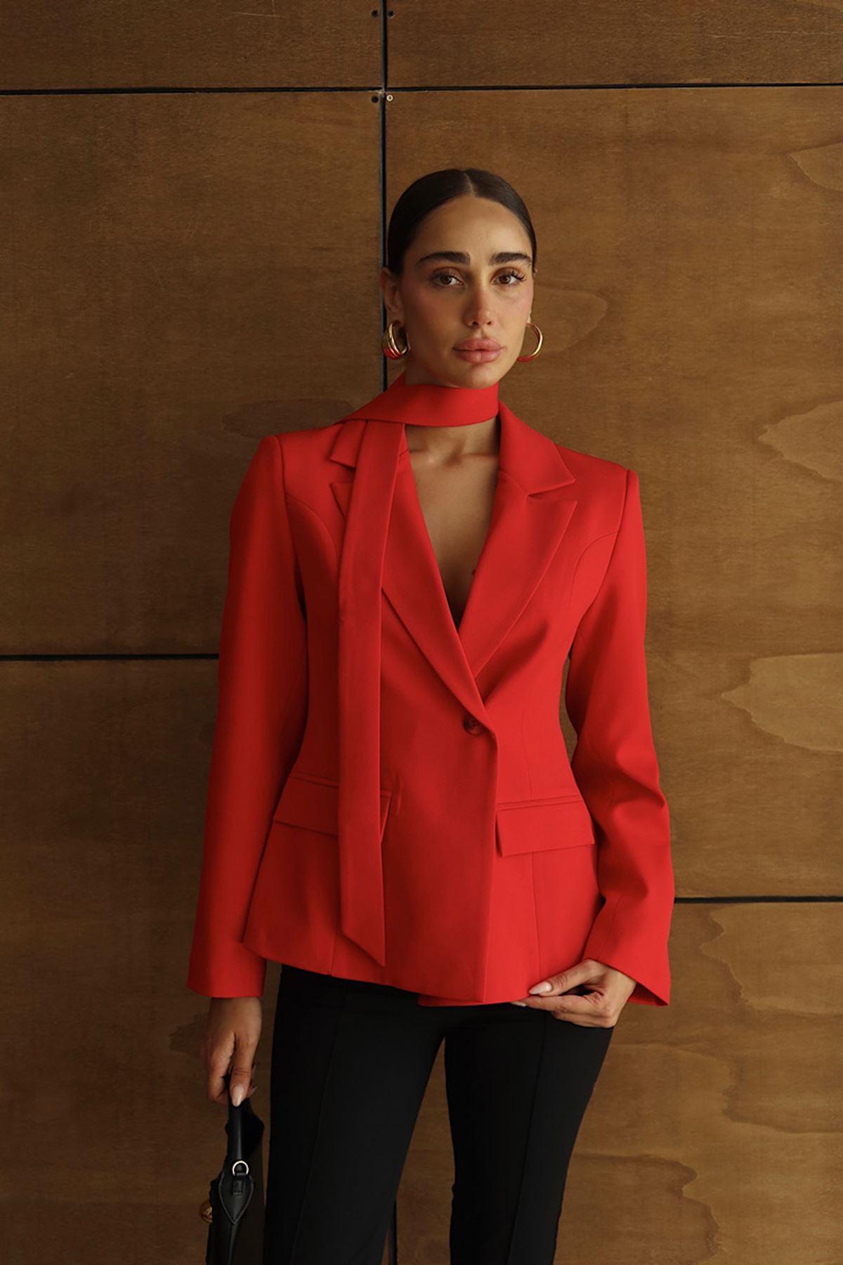 Premium Şal Detaylı Tek Düğmeli Blazer Ceket Kırmızı