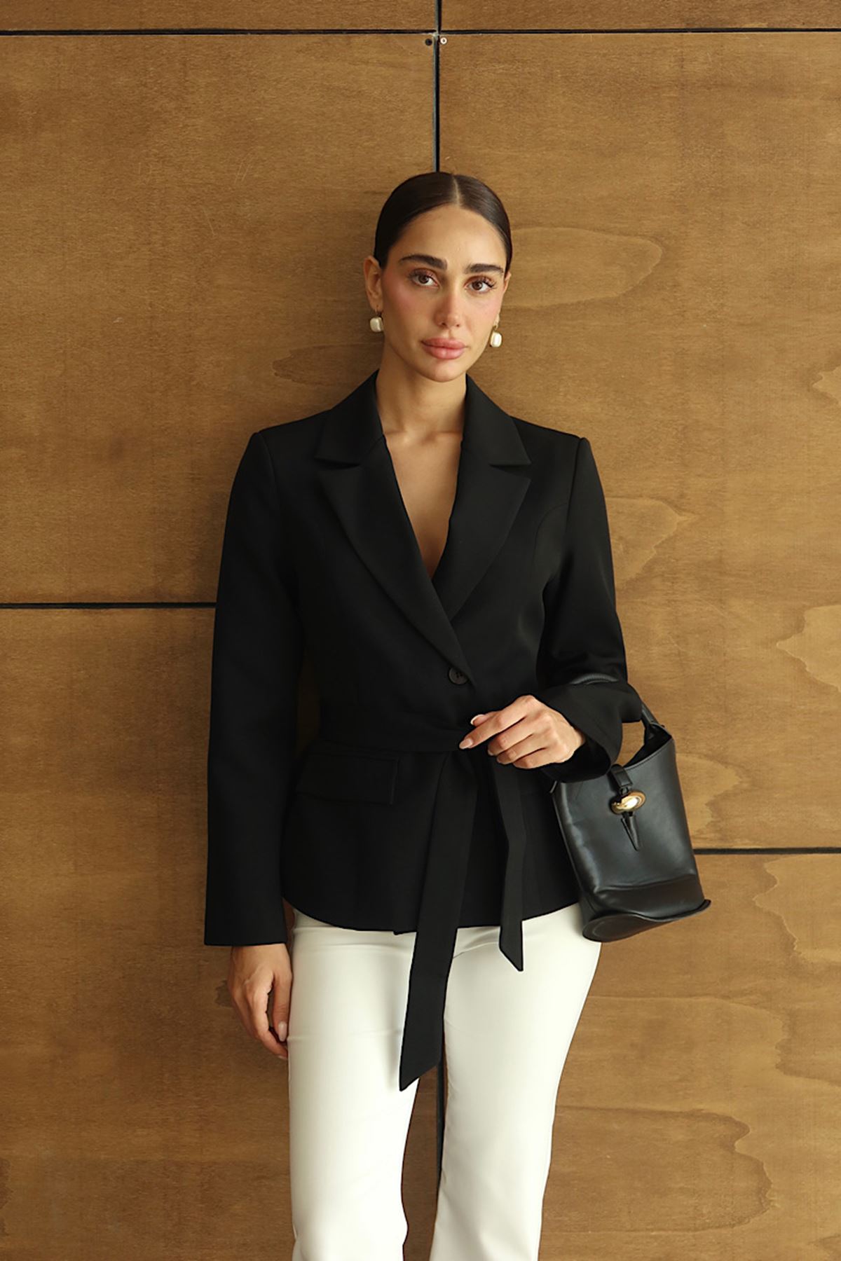 Premium Şal Detaylı Tek Düğmeli Blazer Ceket Siyah