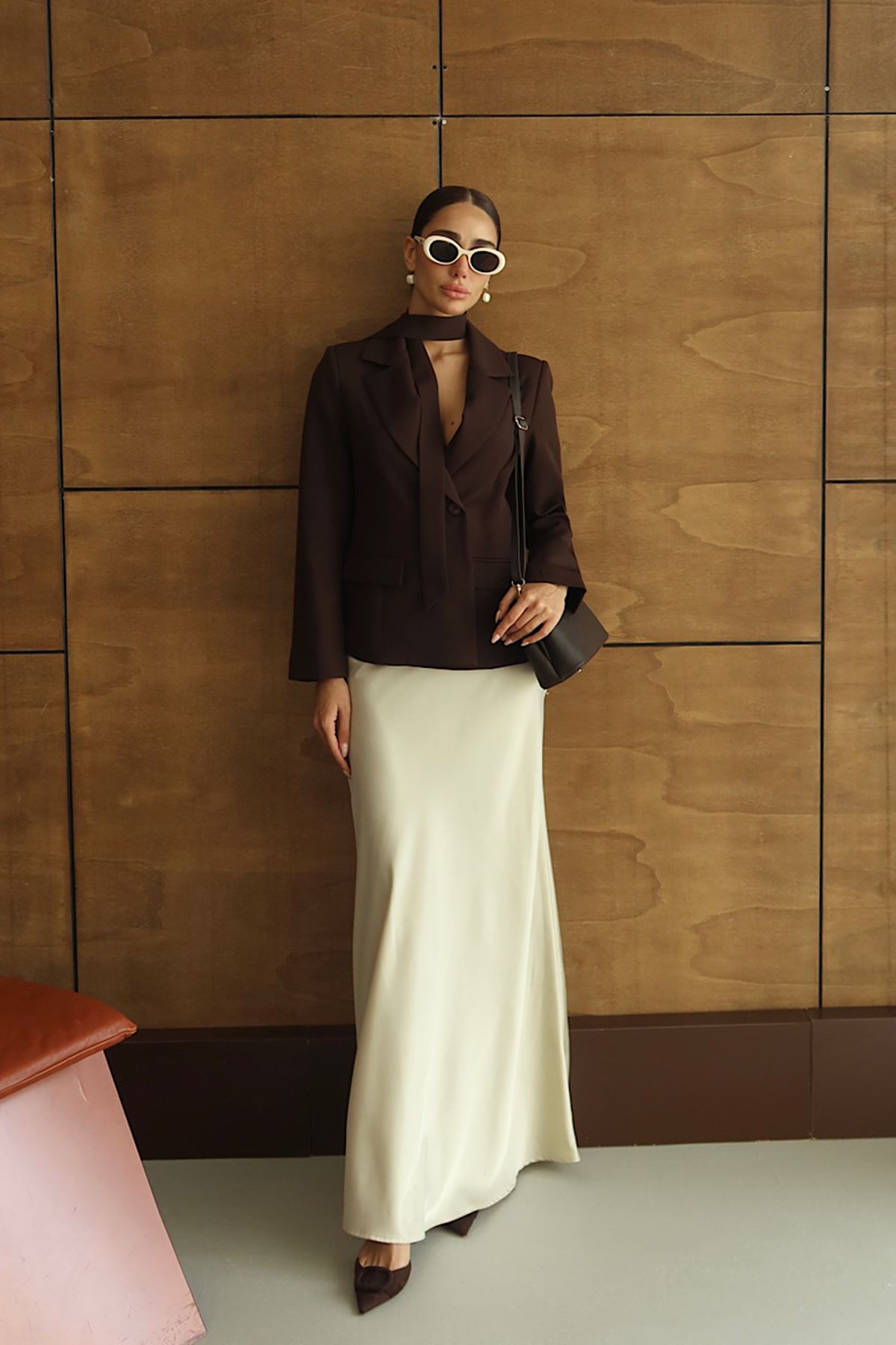 Premium Şal Detaylı Tek Düğmeli Blazer Ceket Kahve