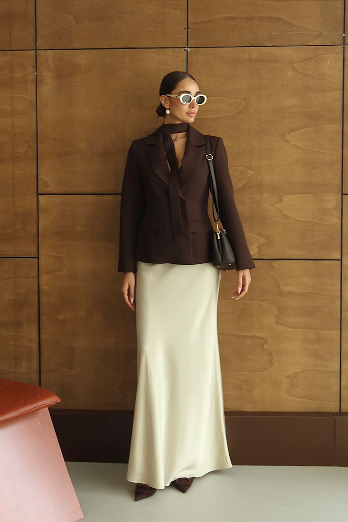 Premium Şal Detaylı Tek Düğmeli Blazer Ceket Kahve
