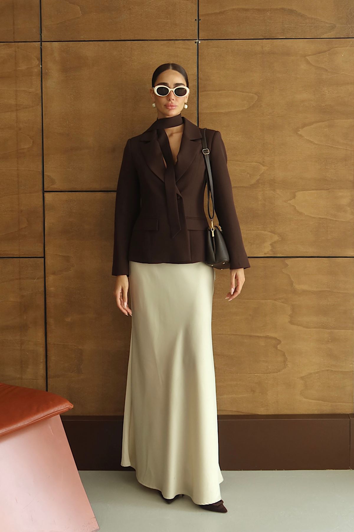Premium Şal Detaylı Tek Düğmeli Blazer Ceket Kahve