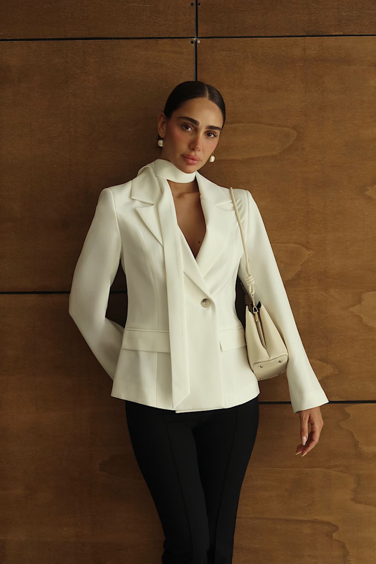 Premium Şal Detaylı Tek Düğmeli Blazer Ceket Beyaz