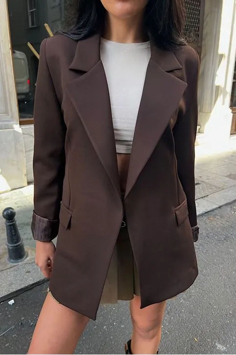 Çizgi Astarlı Ceket Kahve