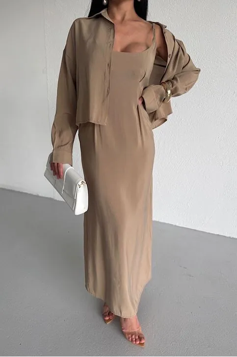 İkili Takım Gömlek Elbise Bej