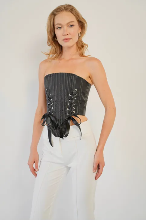 Bağlama Detaylı Straplez Crop Top - Korsaj Görünümlü Fiyonk Detaylı Şık Kadın Bluzu Siyah