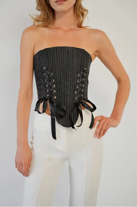 Bağlama Detaylı Straplez Crop Top - Korsaj Görünümlü Fiyonk Detaylı Şık Kadın Bluzu Siyah