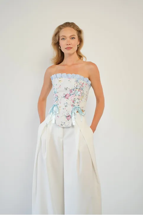 Bağlama Detaylı Straplez Crop Top - Korsaj Görünümlü Fiyonk Detaylı Şık Kadın Bluzu Pembe