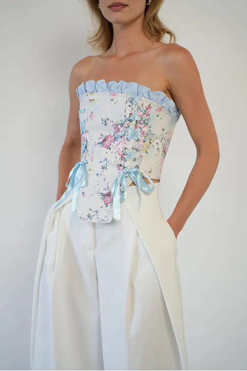 Bağlama Detaylı Straplez Crop Top - Korsaj Görünümlü Fiyonk Detaylı Şık Kadın Bluzu Pembe