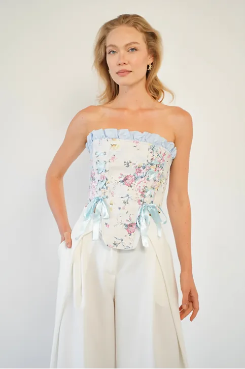 Bağlama Detaylı Straplez Crop Top - Korsaj Görünümlü Fiyonk Detaylı Şık Kadın Bluzu Pembe