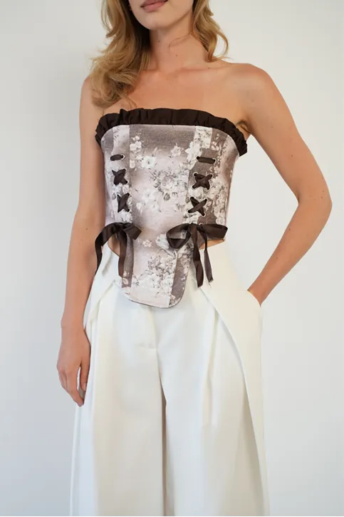 Bağlama Detaylı Straplez Crop Top - Korsaj Görünümlü Fiyonk Detaylı Şık Kadın Bluzu Kahverengi