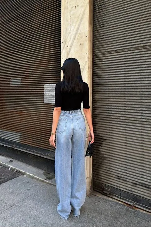 Yırtık Detaylı Bol Paça Jean Pantolon Mavi