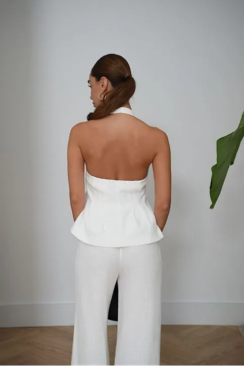 Premium Keten Halter Yaka Yelek Pantolon Takımı - Yüksek Bel Bol Paça Şık Kadın Takımı Beyaz