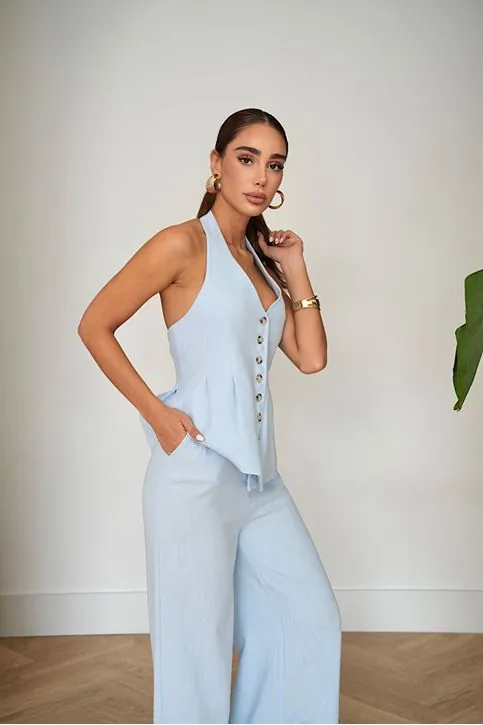 Premium Keten Halter Yaka Yelek Pantolon Takımı - Yüksek Bel Bol Paça Şık Kadın Takımı Bebe Mavi