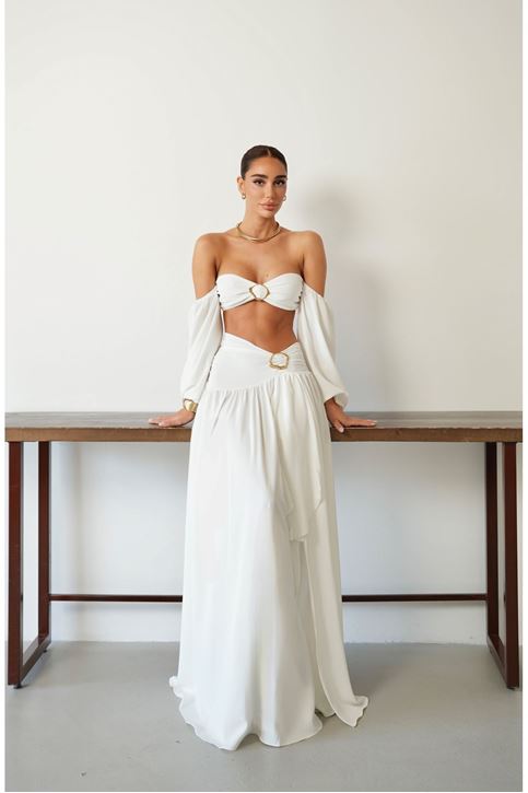 Ekru Tokalı Uzun Kollu Crop Bluz ve Maxi Etek Takım