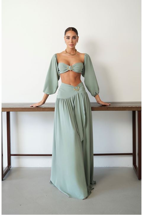 Mint Yeşili Tokalı Uzun Kollu Crop Bluz ve Maxi Etek Takım