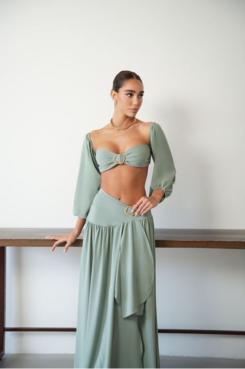 Mint Yeşili Tokalı Uzun Kollu Crop Bluz ve Maxi Etek Takım
