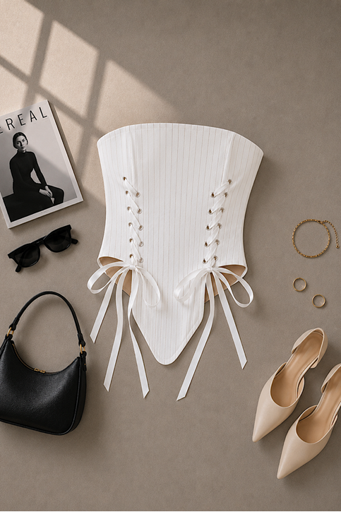 Bağlama Detaylı Straplez Crop Top - Korsaj Görünümlü Fiyonk Detaylı Şık Kadın Bluzu Beyaz