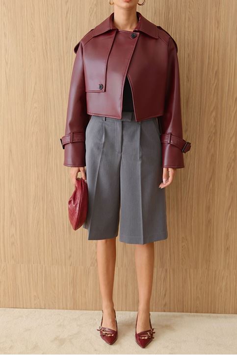 Premium Dik Yaka Kemer Tokalı Oversize Crop Suni Deri Kadın Ceket Bordo