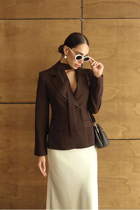 Premium Şal Detaylı Tek Düğmeli Blazer Ceket Kahve